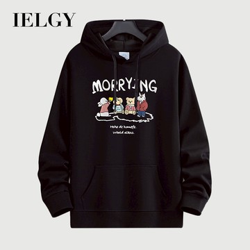 IELGY彩色加大碼純棉連帽衛衣男新款口袋寬鬆休閒男女同款上衣MORR印花