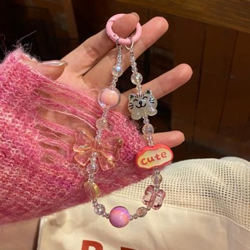 韓ins少女心cute貓咪手機鏈 可愛炫彩手工串珠鐳射愛心包掛件小眾
