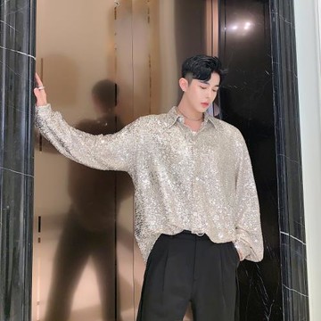 歐美走秀款手工縫制亮片襯衫男長袖潮牌寬松青年夜店酒吧蹦迪衣服