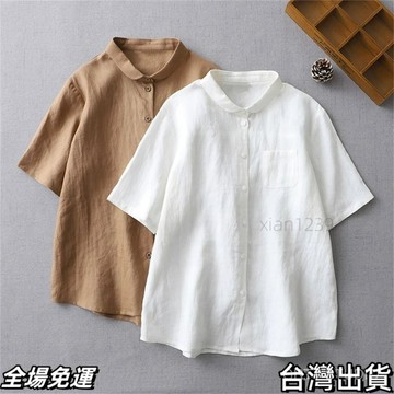 大尺碼 小香風襯衫 棉麻襯衫 日係外貿亞麻尾貨短袖棉麻襯衫純色寬鬆休閒襯衣薄款AA
