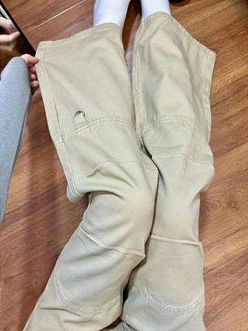 美拉德卡其色工裝牛仔褲女秋冬潮牌設計感美式高街微喇闊腿直筒褲