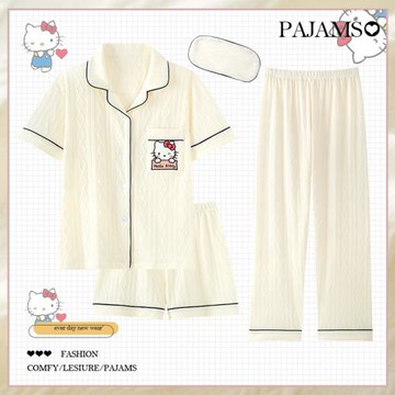 奶黃小貓咪睡衣女夏季款短袖長褲純棉三件套夏天卡通可愛風家居服