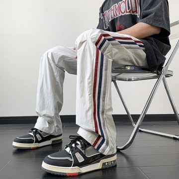 褲子男秋季薄款側邊條紋速干降落傘褲高街潮牌痞帥闊腿伐木休閑褲
