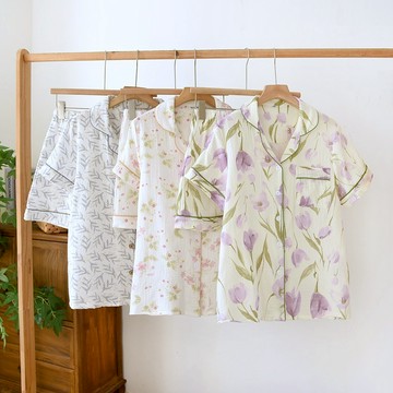 【現貨】100%全棉短袖睡衣女款夏季短袖短褲居家睡衣 純棉縐布女生短袖睡衣套裝小外套夏薄睡衣家居服