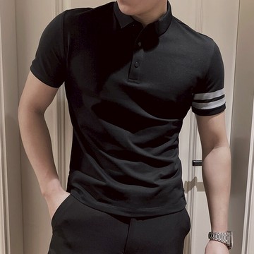 男士高端短袖t恤夏季修身體恤上衣服潮流條紋冰絲有領POLO衫潮牌