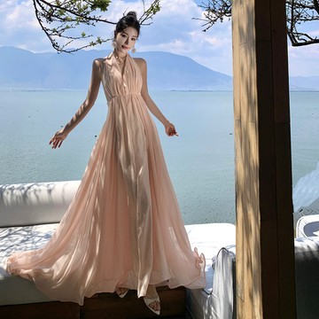 【桃喜Rich女裝】夏日性感法式洋裝 浪漫溫柔仙女粉色拖地裙 海邊度假垂墜感長裙 紅色顯白氣質洋裝 深V綁帶露背連衣裙