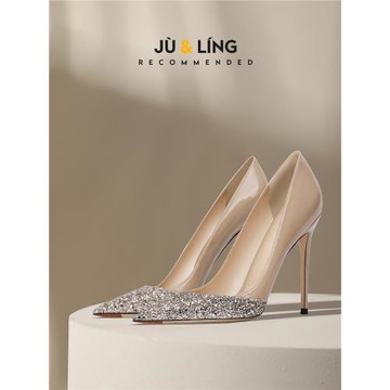 高跟鞋裸色配裙子新款2024漆皮拼接水晶亮片真皮尖頭細跟小碼單鞋