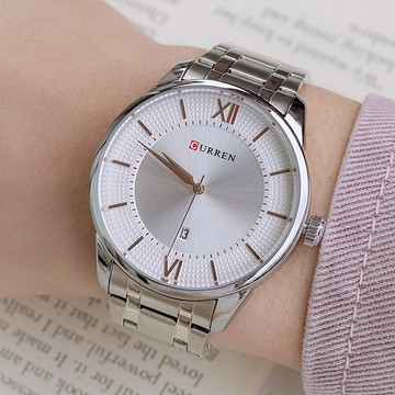 韓國CURREN徘徊午夜巴黎釘紋金屬鍊帶手錶【WCU8356】