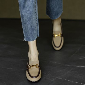 手工真皮~舒適好穿~英倫風復古樂福鞋圓頭平底小皮鞋一腳蹬單鞋女