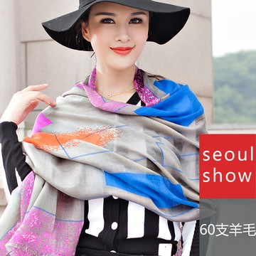 seoul show首爾秀 普普條格60支紗羊毛圍巾披肩 灰彩