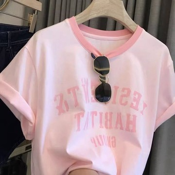 【PING'S🌞】100%純棉 夏季 小衆 炸街 好看 減齡 印花 字母 短袖 T恤 女 韓版 甜美 上衣i ns