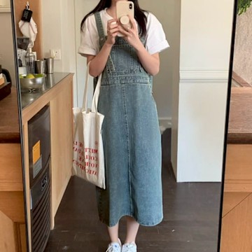 La Belleza韓版減齡側口袋下擺後開叉牛仔吊帶裙水洗背心裙