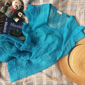 百搭日本皺紋網布花瓣袖彈性透明小蓋袖女裝上衣