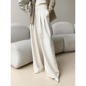 JWUNIQUE酒窩米白色休閑褲女秋冬2026高腰顯瘦闊腿褲設計感長褲子