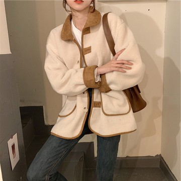 2021新款韓版寬松復古立領羊羔毛拼接仿麂皮棉服冬季加厚外套女裝