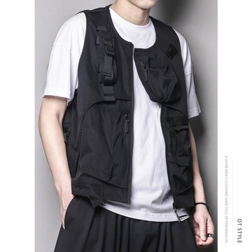 日系機能風設計感拉鏈口袋不對稱工裝外套個性寬松馬甲男戰術背心