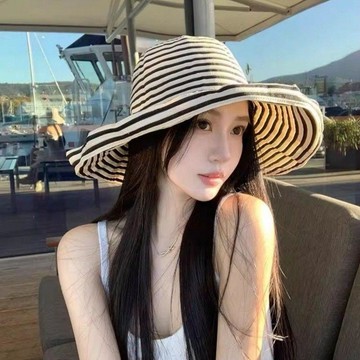 限時特賣夏季新款日系可摺疊斑馬條紋漁夫帽度假防曬時尚盆帽大頭圍太陽帽