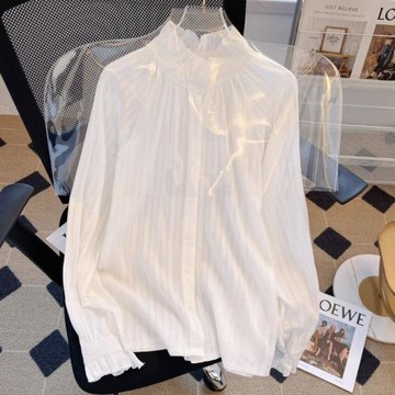 大碼女裝2026春季新款設計感小眾長袖木耳立領百搭白色洋氣襯衫女