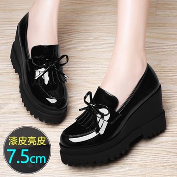 坡跟單鞋女2022春秋新款英倫百搭女鞋厚底高跟鞋松糕底漆皮小皮鞋