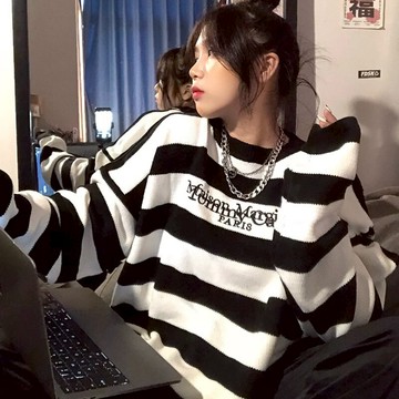 黑白條紋毛衣衛衣女春秋寬松外穿慵懶風設計感小眾圓領針織衫上衣
