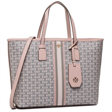 【TORY BURCH】雙TLOGO拼接皮革托特包-粉紅