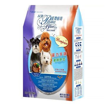 LCB 藍帶廚坊 全犬種用飼料 添加OMEGA 3 & 6 啤酒酵母 酵素與乳酸益菌 呵護毛髮健康  菲力牛排+新鮮野菜  3.5kg  1袋