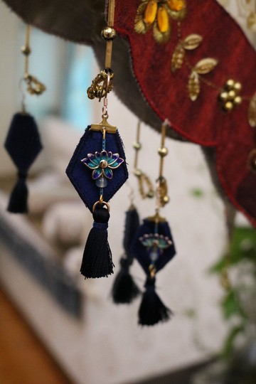 氣質藍色流蘇真絲耳環中式原創設計復古新娘結婚耳飾