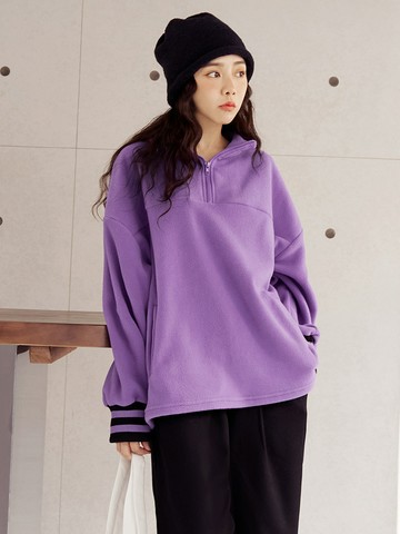 搖粒絨半開襟袖口跳色拼接長袖上衣