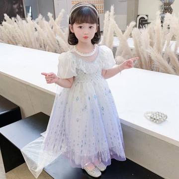 夏季女童愛莎公主裙泡泡短袖v領洋氣長裙六一兒童演出服花童攝影