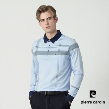 【pierre cardin 皮爾卡登】男款 撞色格紋拼接款長袖POLO衫-藍色 (5255255-33)