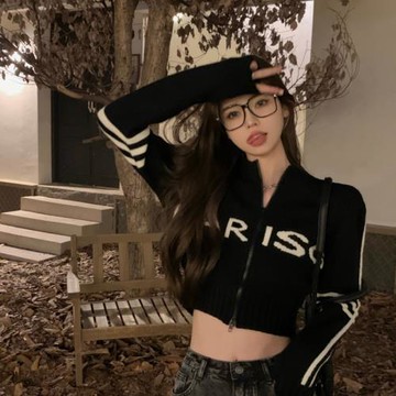 字母黑色女士打底衫2025新款洋氣雙拉鏈短款針織長袖開衫上衣春秋