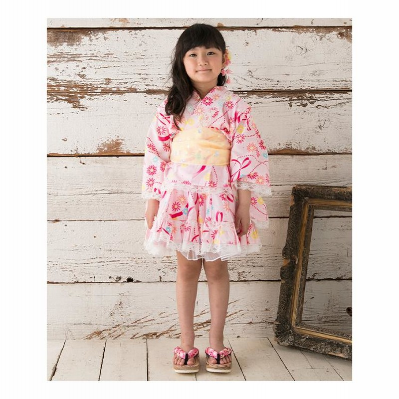 ピンク花柄浴衣 浴衣ドレス フリル レース ピンク花柄浴衣 浴衣