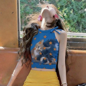 藍色貓咪星星印花掛脖吊帶背心女夏外穿內搭2026新款辣妹掐腰上衣韓係Chic 外穿吊帶 辣妹吊帶 甜美背心 設計感吊帶