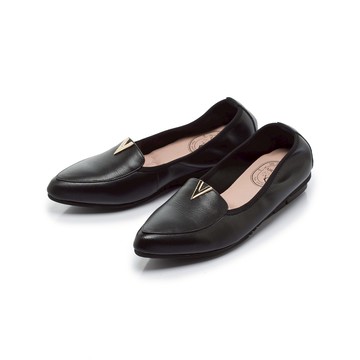 我的旅行日記  簡約小V釦羊皮增高平底樂福鞋 黑 (503043)