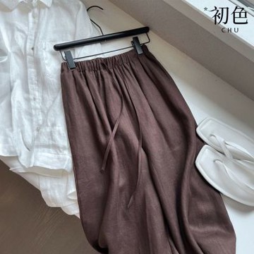 初色 棉麻風素色鬆緊腰抽繩闊腿褲休閒褲寬褲長褲-共2色-37239(M-2XL可選)