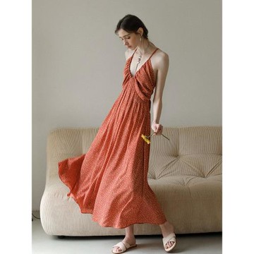 七兩波西米亞藝術感V領吊帶連衣裙后背交叉性感露背度假沙灘裙女