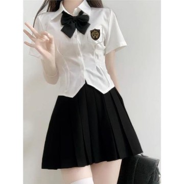 jk制服套裝短袖襯衫女夏款收腰白色襯衣設計感小眾短款小個子上衣