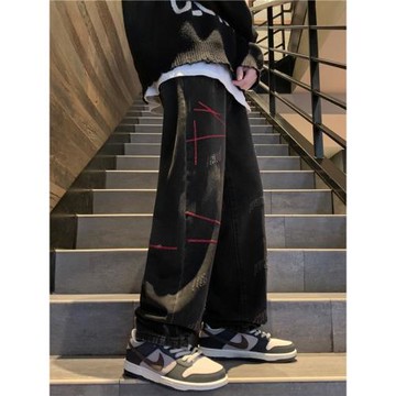 美式高街牛仔褲男褲子男款春秋款寬松直筒褲潮牌oversize闊腿男褲