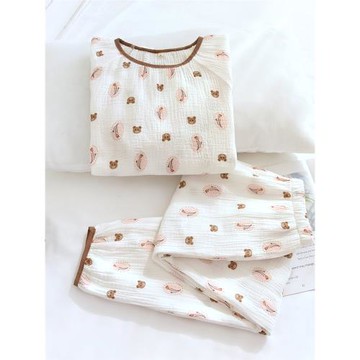 春夏秋薄純棉泡泡棉紗可愛卡通熊圓領套頭寬松長袖家居服睡衣套女