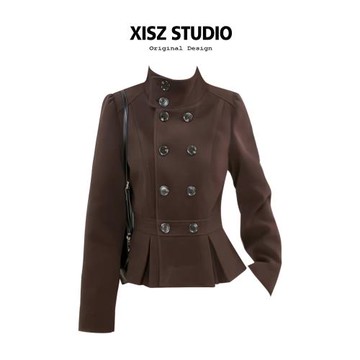 復古收腰雙排扣短款毛呢外套女秋冬季時尚小眾高級感立領顯瘦上衣