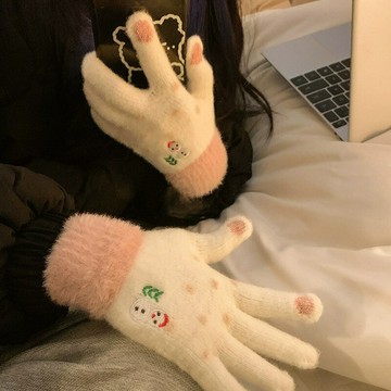 可愛圣誕雪人毛絨針織五指手套女冬季學生毛茸茸保暖加絨觸屏騎行