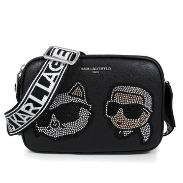 KARL LAGERFELD MAYBELLE 卡爾與貓水鑽鑲嵌織紋寬帶雙層斜背包(黑色)