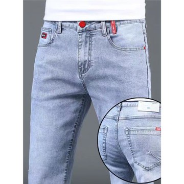 夏季薄款高端淺色牛仔褲男潮牌修身彈力小腳褲韓版潮流青年長褲子