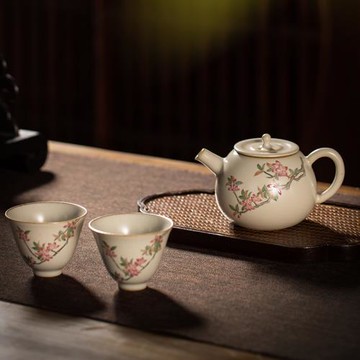 景德鎮手繪桃花功夫陶瓷茶壺汝窯茶具復古中式小單壺一壺兩杯套裝