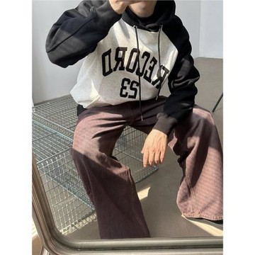 Lucah 撞色插肩袖連帽衛衣男韓版秋冬新款休閑寬松設計感字母上衣