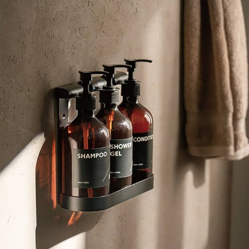 HOMEPLUZ 磁鎖三瓶沐浴瓶壁掛架-黑(贈 按壓空瓶*3)