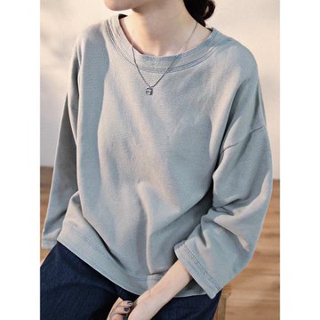 谷家 全棉寬松休閑長袖t恤女 文藝百搭簡約純色衛衣 2025春秋新款