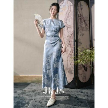 (免運)JKJS【碧聆風】人絲提花國風旗袍女新中式連衣裙女夏裙子氣質長裙
