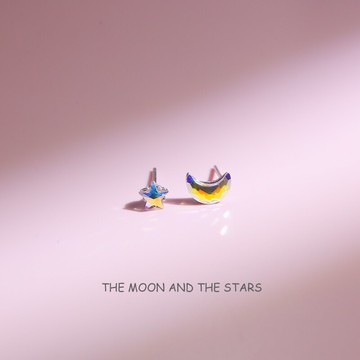 眼觀925銀不對稱炫彩星月耳釘女簡約個性小巧精致耳釘鋯石耳飾品1入