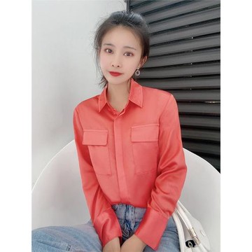 秦嵐同款白襯衫橘色垂感長袖醋酸上衣女外穿緞面高端襯衣女氣質夏